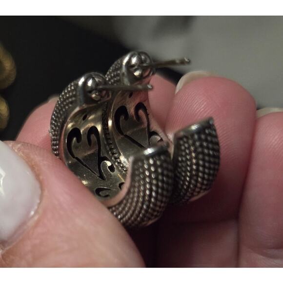 BRIGHTON Chunky Silver Hoop Earrings Swirl Design Beading Steampunk - Picture 7 of 13